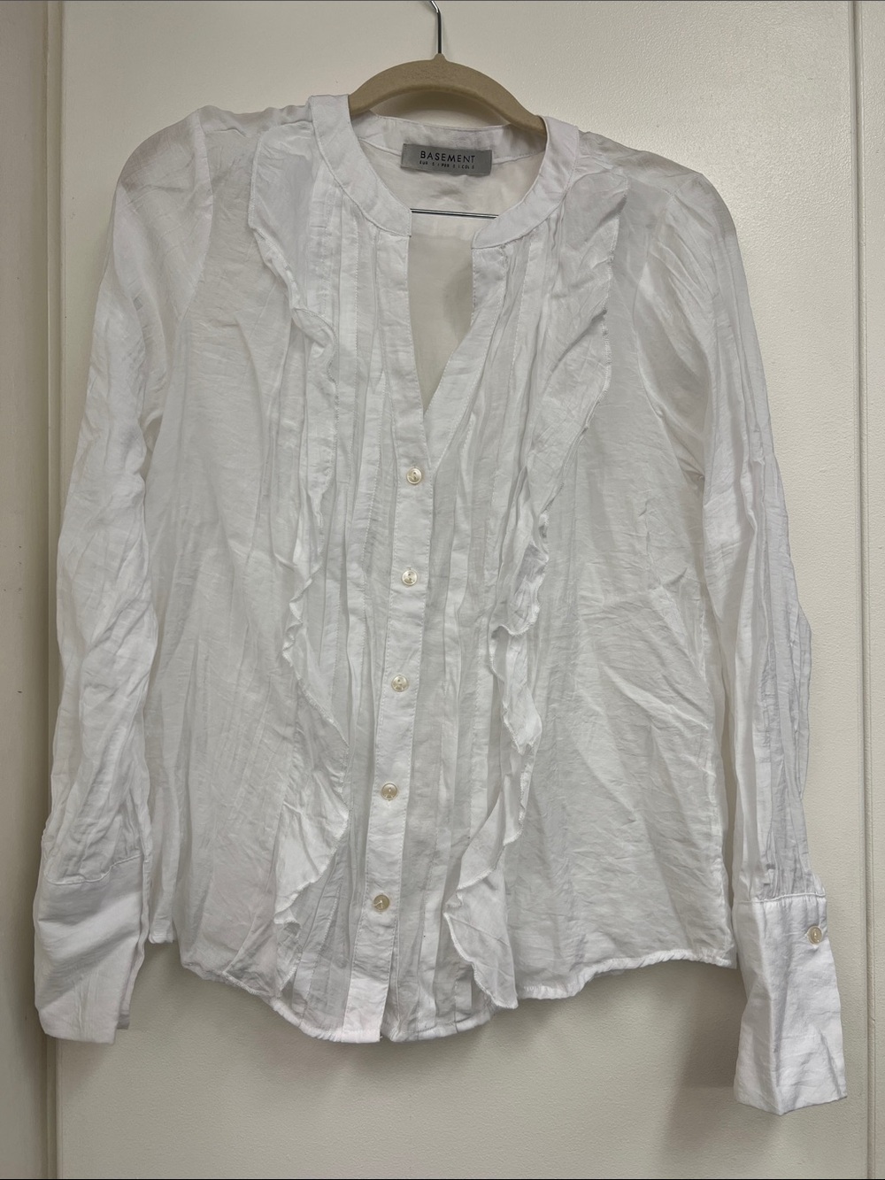 Basement White Ruffled Button-Front Women's Blouse Career Work Business Office